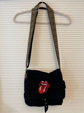 Vintage Rolling Stones Black Messenger Bag with boho printed guitar strap